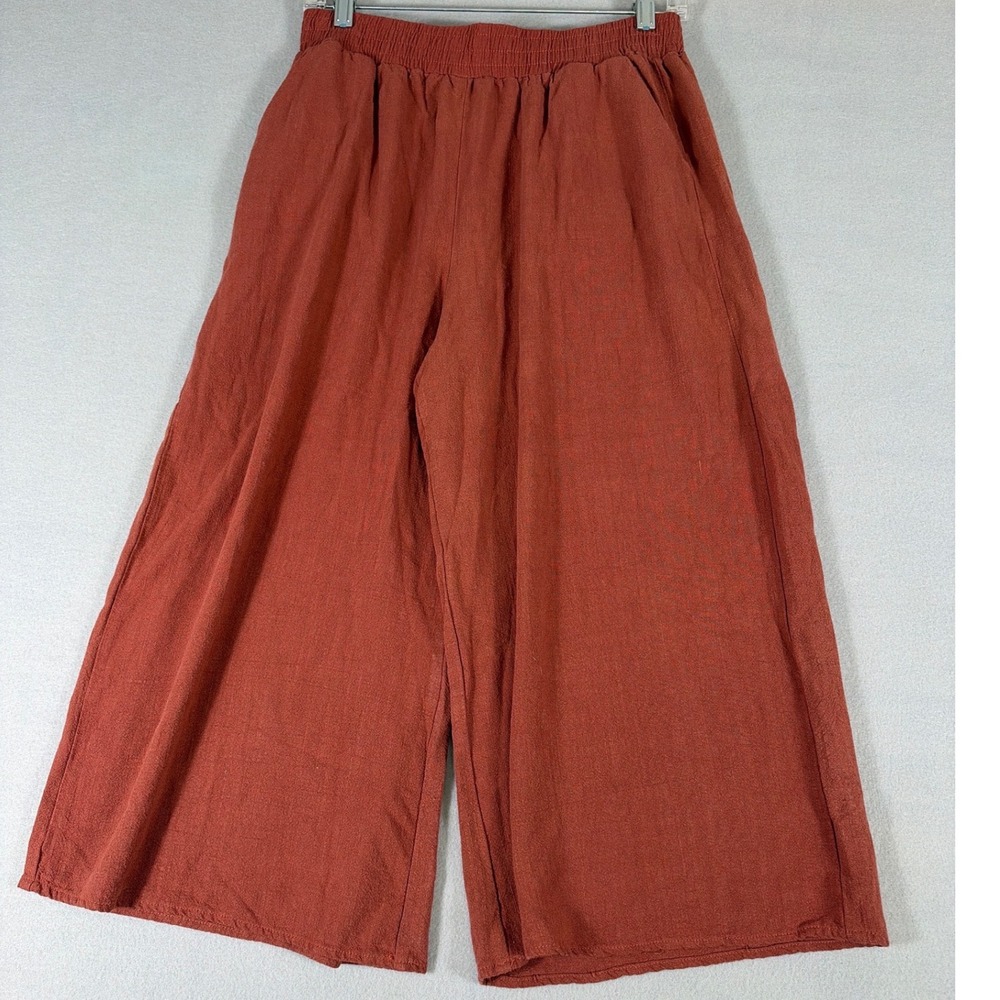 Rust Orange Linen Blend Wide Leg Cropped Pants Elastic Waist Pockets Size M